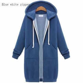 Hooded Long Sleeve Sweater Fleece Long Jacket (Option: Blue white zipper-5XL)