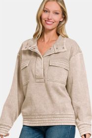 Zenana Acid Washed Half Snap Fleece Sweatshirt (Option: Ash Mocha-S)