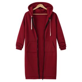 Hooded Long Sleeve Sweater Fleece Long Jacket (Option: Wine Red-L)