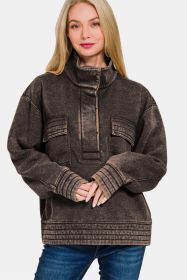 Zenana Acid Washed Half Snap Fleece Sweatshirt (Option: Ash Black-L)