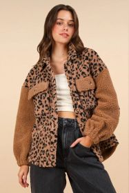 VERY J Fuzzy Leopard Button Down Long Sleeve Jacket (Option: Leopard Camel-L)