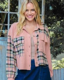 Hailey & Co Plaid Mixed Cropped Jacket (Option: Pink-S)