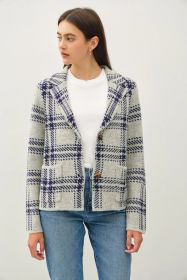 Be Cool Plaid Long Sleeve Sweater Jacket With Front Patch Pockets (Option: Navy-S)
